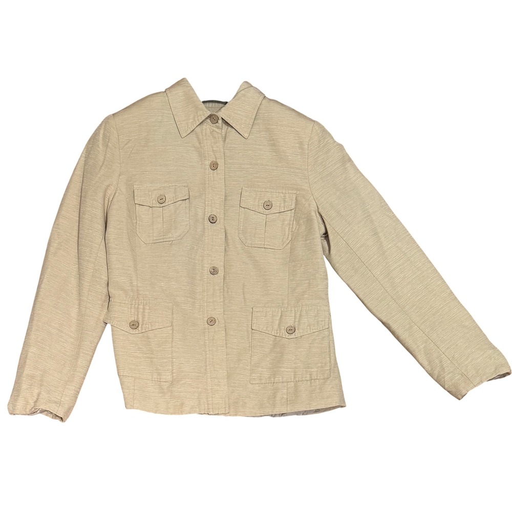 Silkland Utility Safari Jacket 100% Raw Silk Beige Button Front Women's Size 6